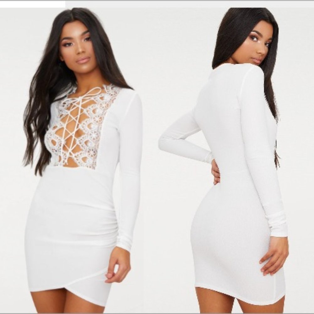 PRETTYLITTLETHING White Lace-Up Long Sleeve Dress